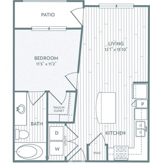 Floor plan for 1 bed, 1 bath, 612 sqft